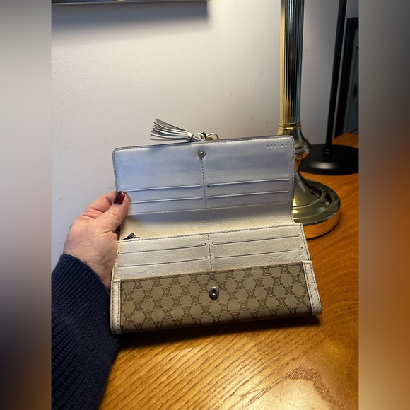 Celine Cream/Tan Leather & Canvas Asymmetrical Tassel Long Wallet - Picture 6 of 7